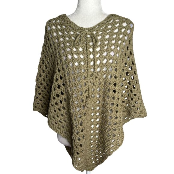 Handmade Sweaters - Hand-Crocheted Olive Green Open Knit Poncho Tie-Front Accent Festival Cape